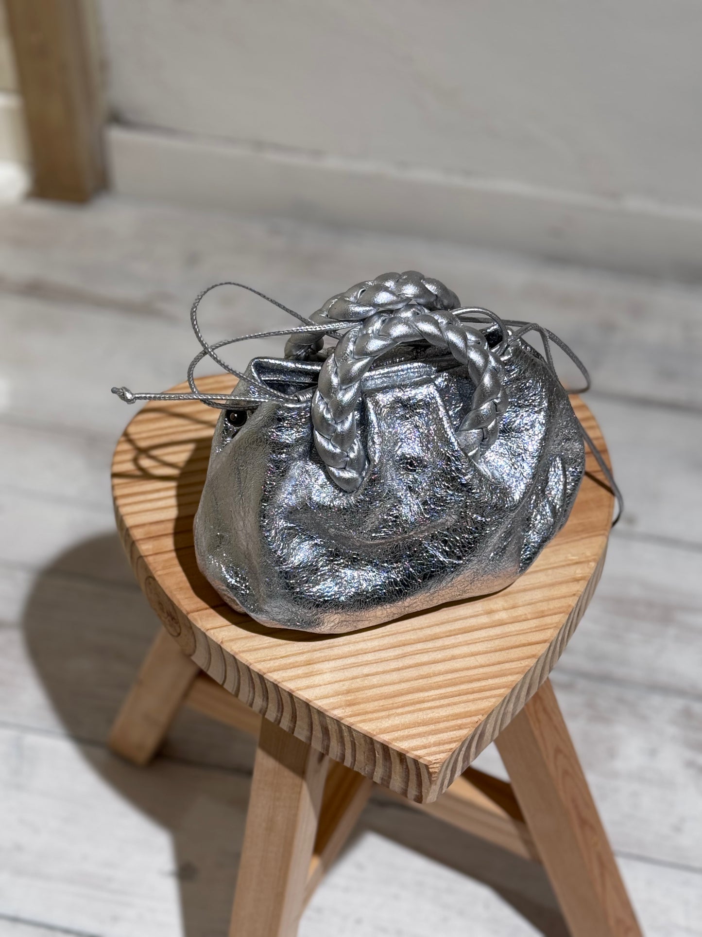 W BomBon Metallic Plaited-handle Leather Handbag HEREU - Silver