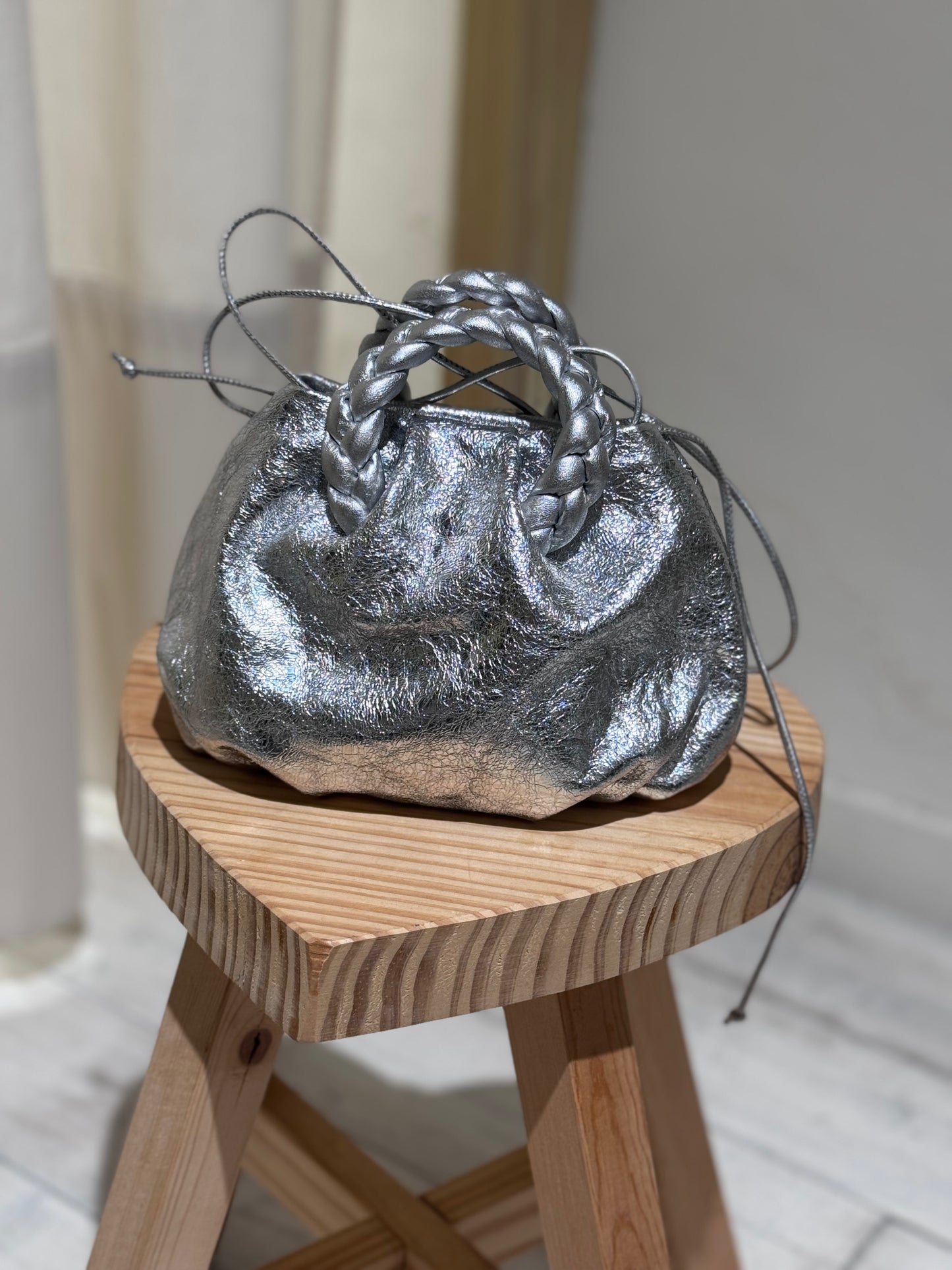W BomBon Metallic Plaited-handle Leather Handbag HEREU - Silver