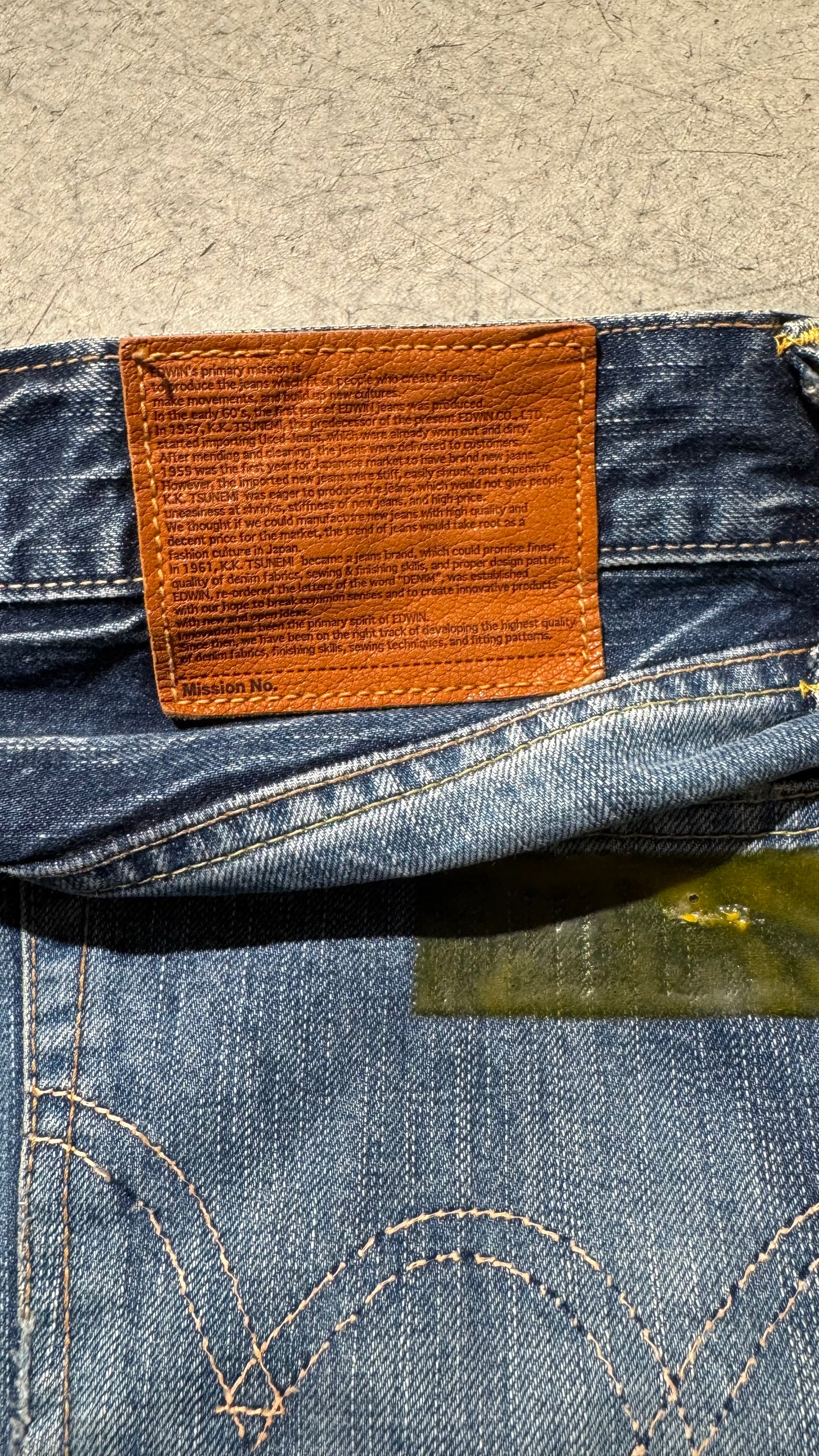M - Japanese Denim Straight Leg - EDWIN - Mid-Blue with Patches and Red Insert on broken Knee