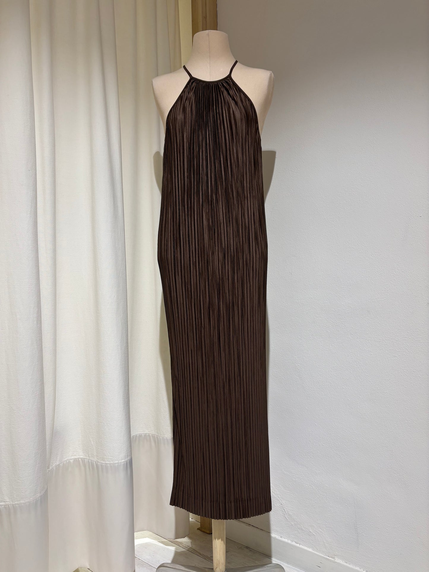 W Pleated Halter Maxi Dress - ESTHE - Brown