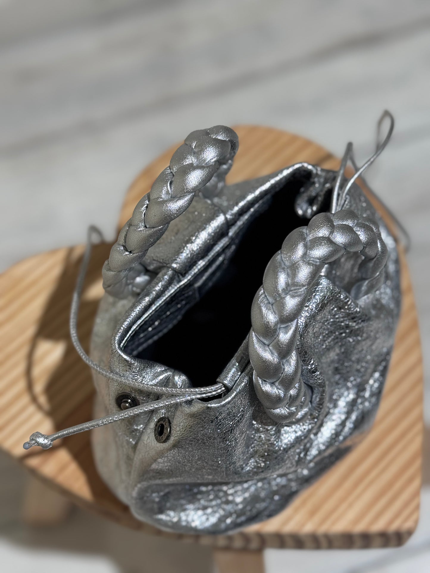 W BomBon Metallic Plaited-handle Leather Handbag HEREU - Silver