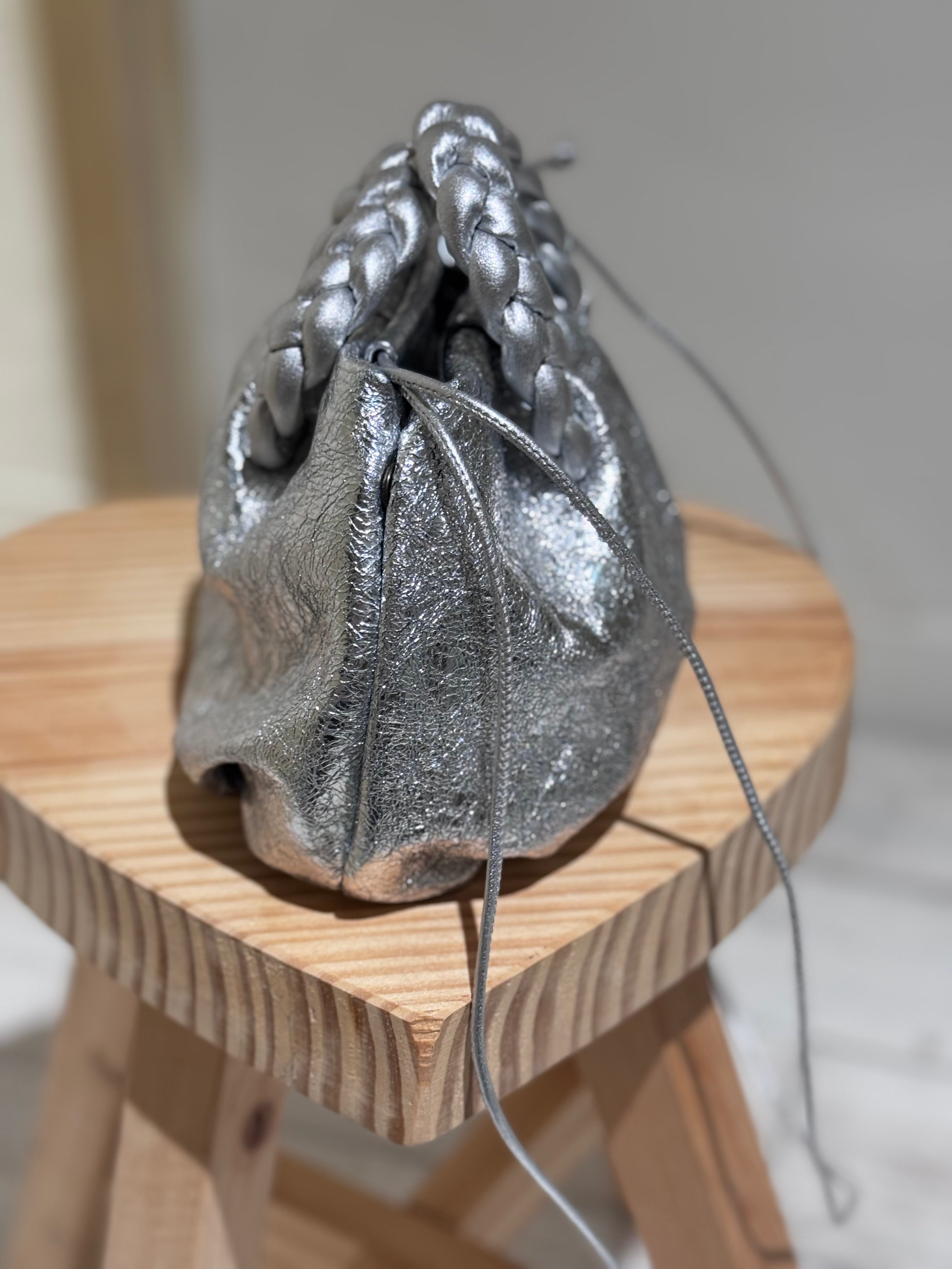 W BomBon Plaited-handle Leather Handbag HEREU - Silver