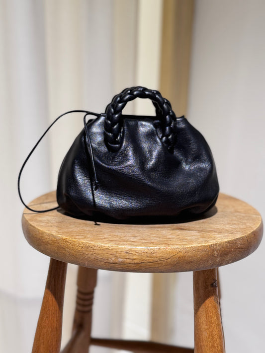 W BomBon Metallic Plaited-handle Leather Handbag HEREU - Black