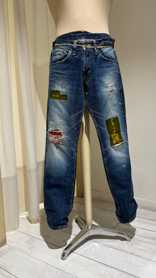 M - Japanese Denim Straight Leg - EDWIN - Mid-Blue with Patches and Red Insert on broken Knee