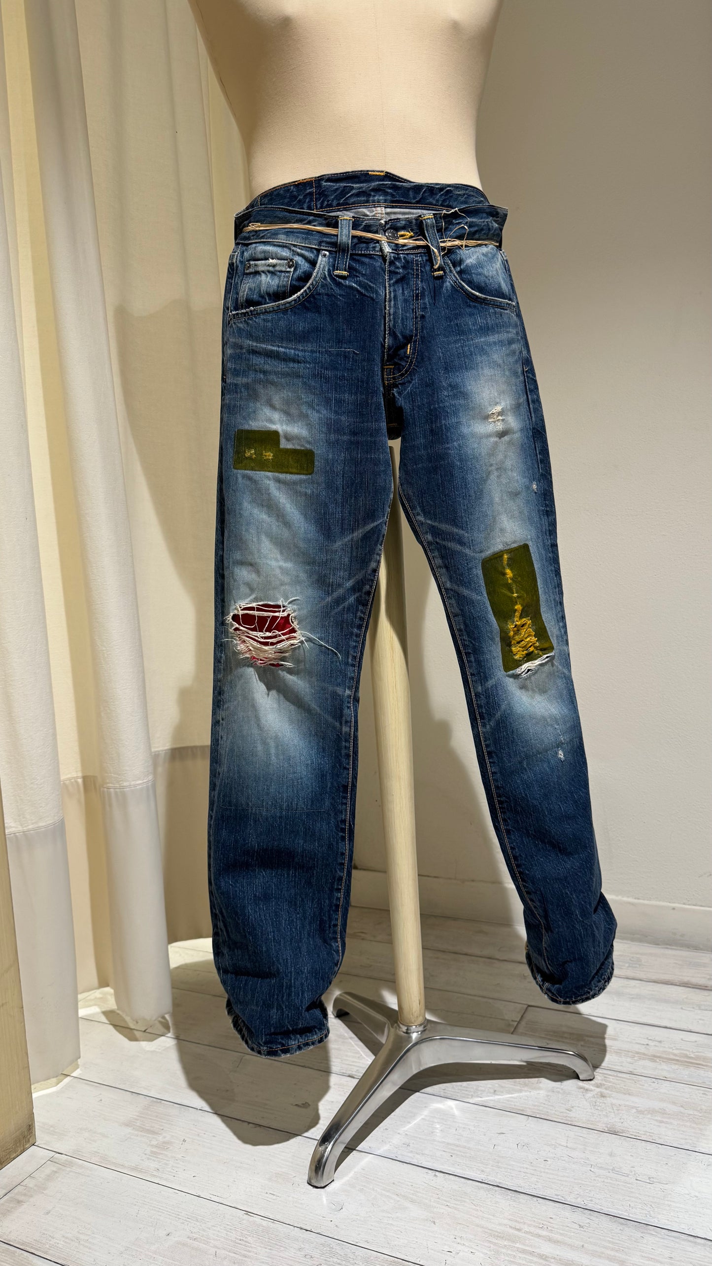 M - Japanese Denim Straight Leg - EDWIN - Mid-Blue with Patches and Red Insert on broken Knee