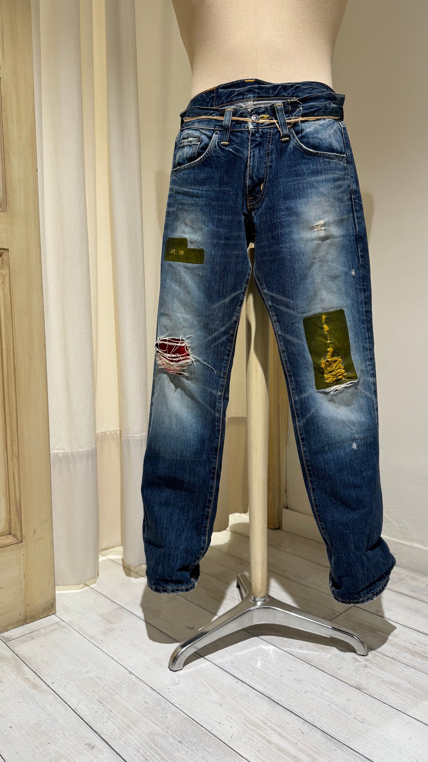 M - Japanese Denim Straight Leg - EDWIN - Mid-Blue with Patches and Red Insert on broken Knee