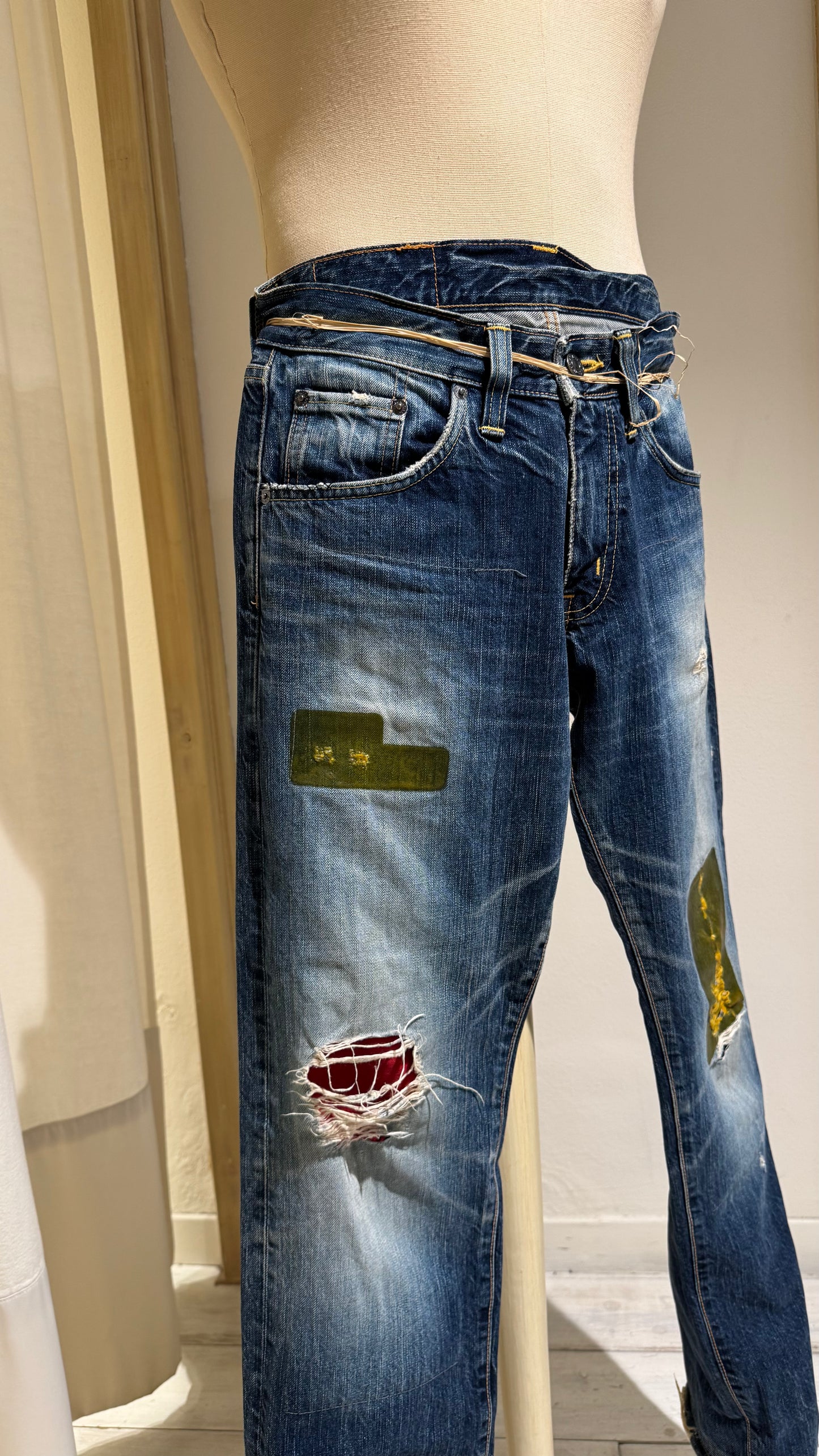 M - Japanese Denim Straight Leg - EDWIN - Mid-Blue with Patches and Red Insert on broken Knee