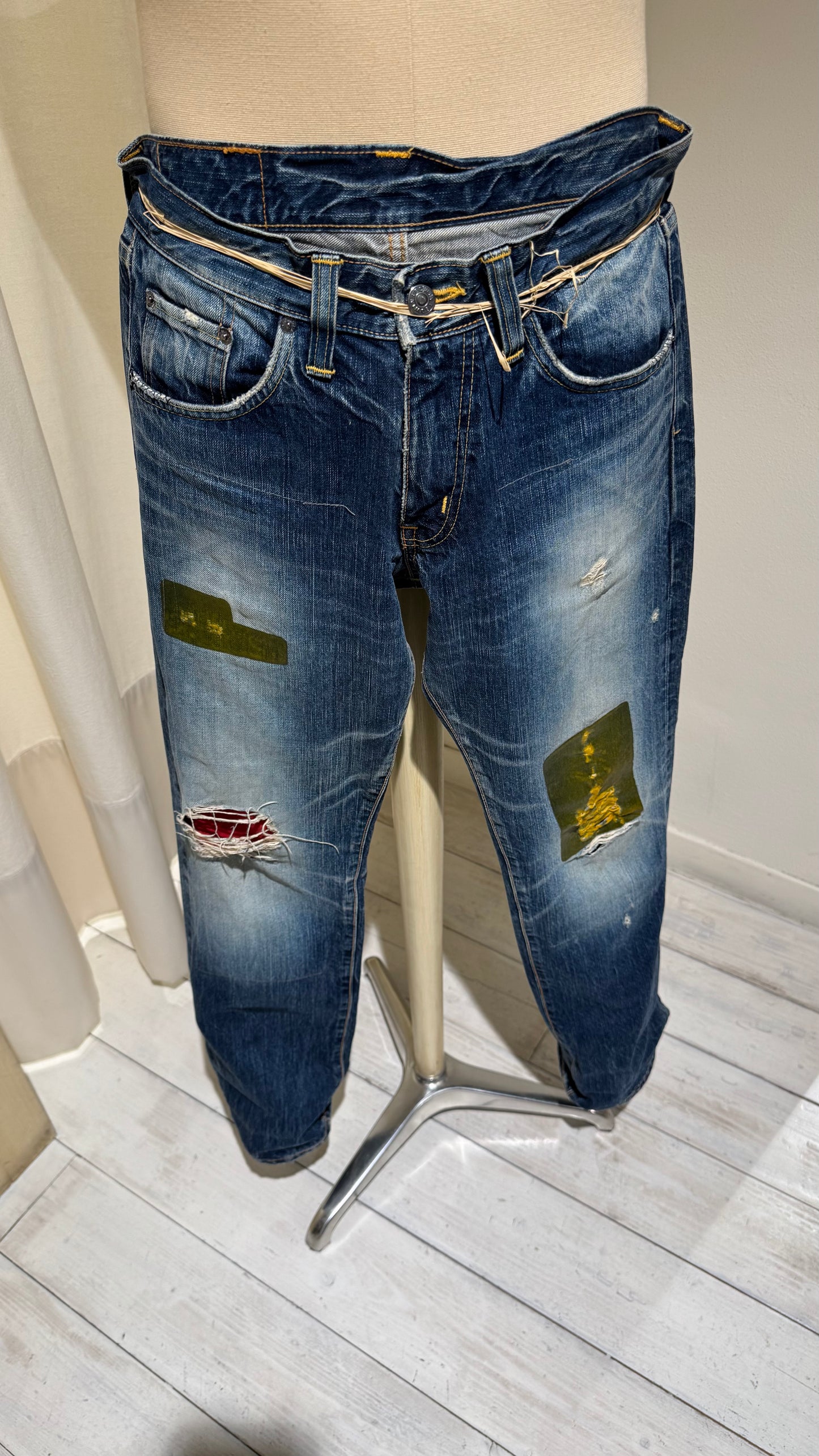 M - Japanese Denim Straight Leg - EDWIN - Mid-Blue with Patches and Red Insert on broken Knee