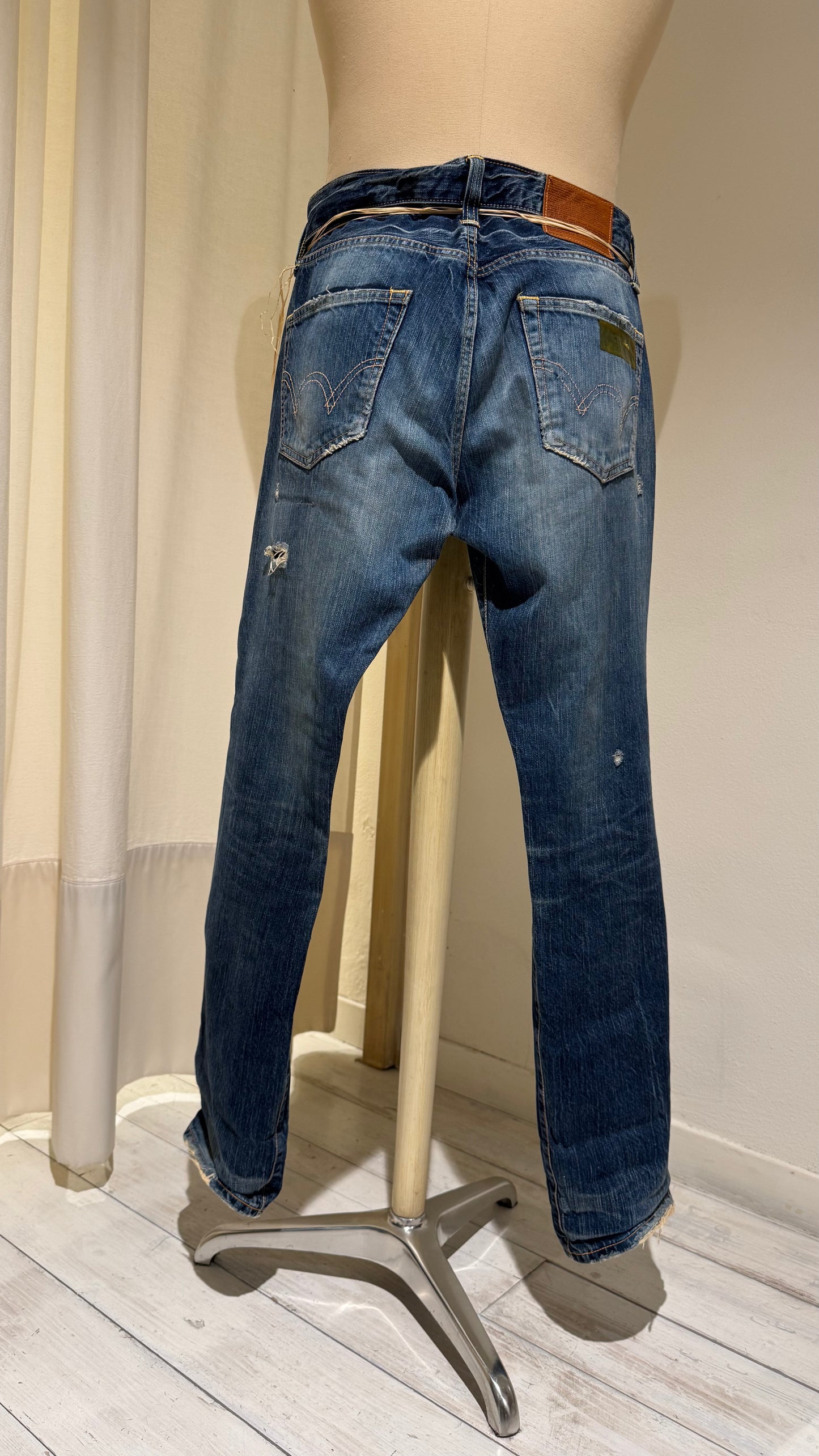 M - Japanese Denim Straight Leg - EDWIN - Mid-Blue with Patches and Red Insert on broken Knee