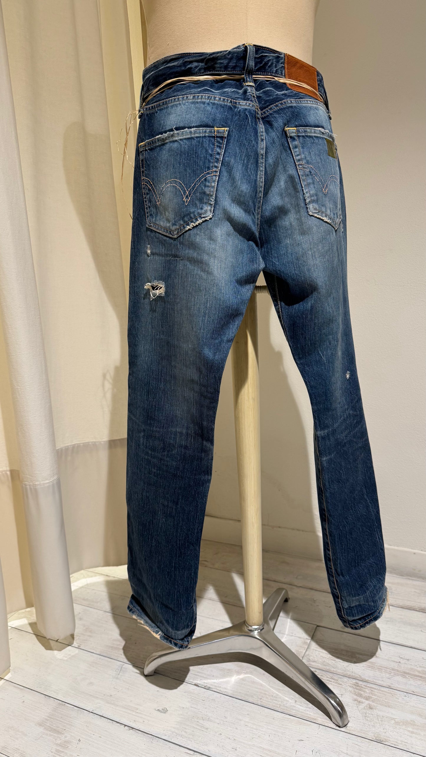 M - Japanese Denim Straight Leg - EDWIN - Mid-Blue with Patches and Red Insert on broken Knee