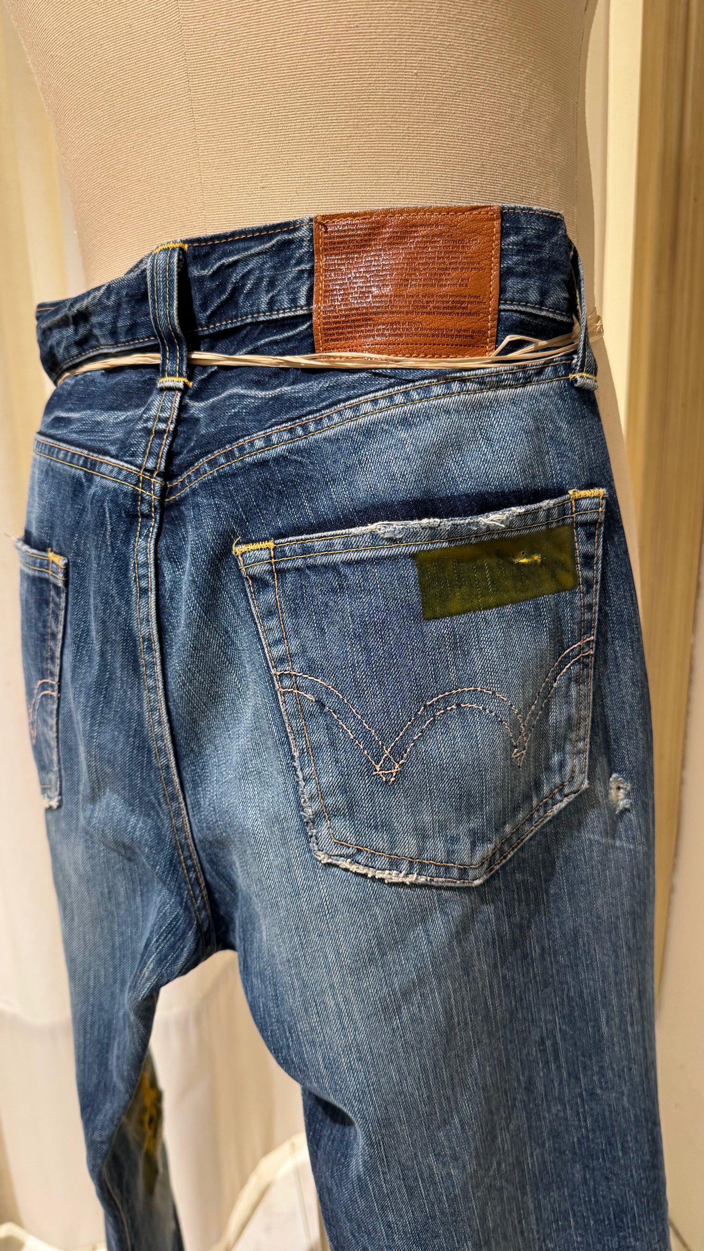 M - Japanese Denim Straight Leg - EDWIN - Mid-Blue with Patches and Red Insert on broken Knee