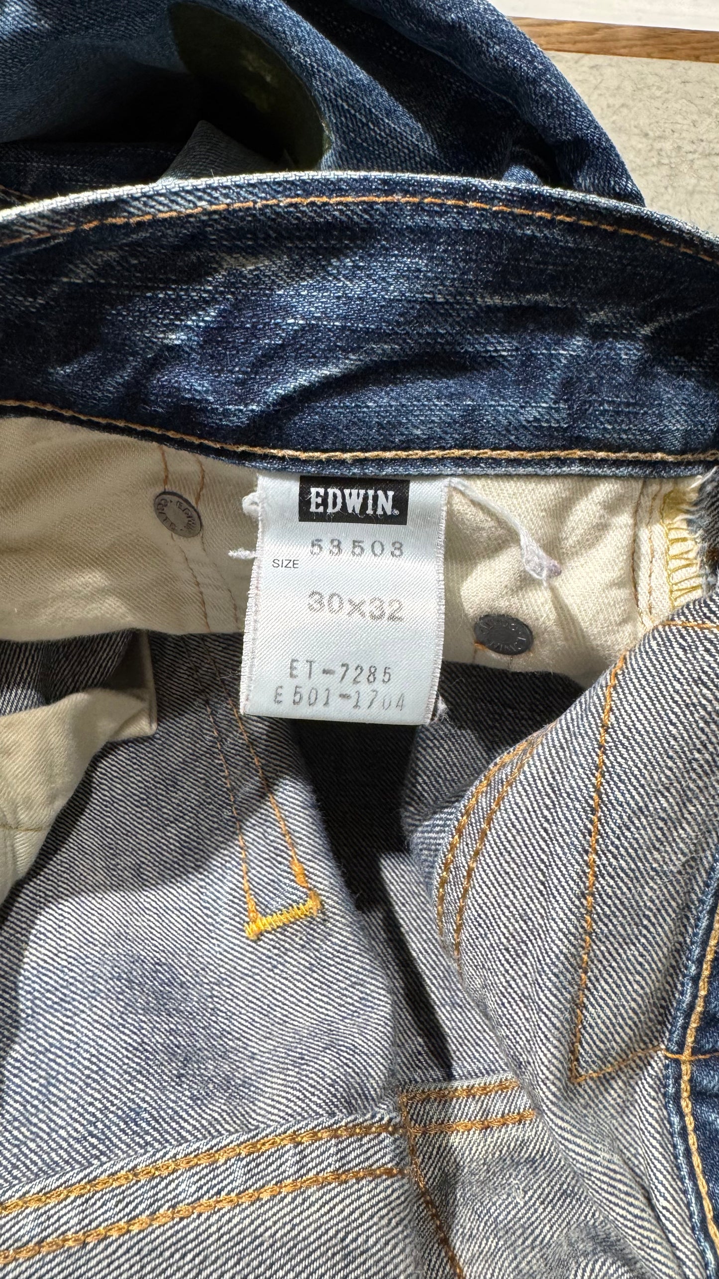 M - Japanese Denim Straight Leg - EDWIN - Mid-Blue with Patches and Red Insert on broken Knee